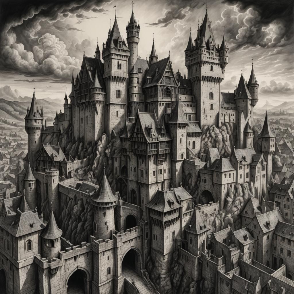 Medieval Fantasy Castle Town in Charcoal