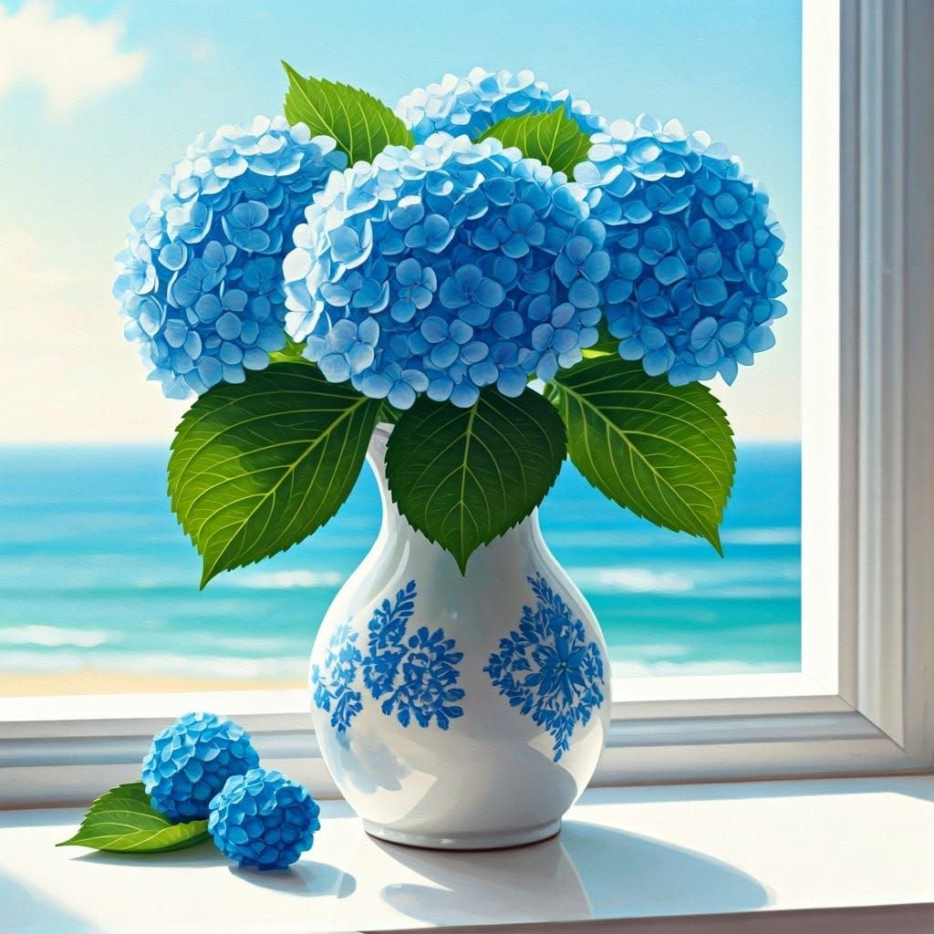 Blue Hydrangea Bouquet in Light Gouache Style