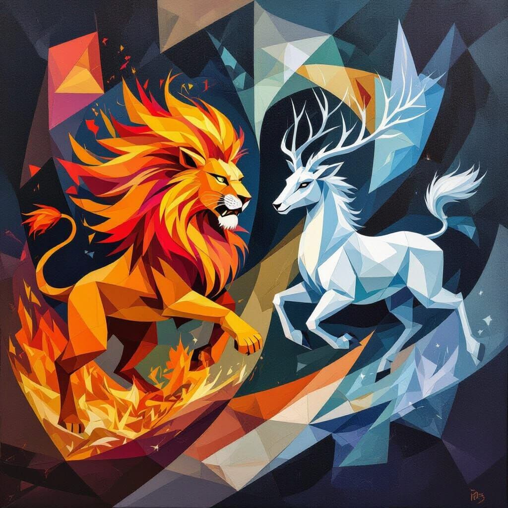 Cubist Fire Lion Chases Ice Antelope in Abstract Motion