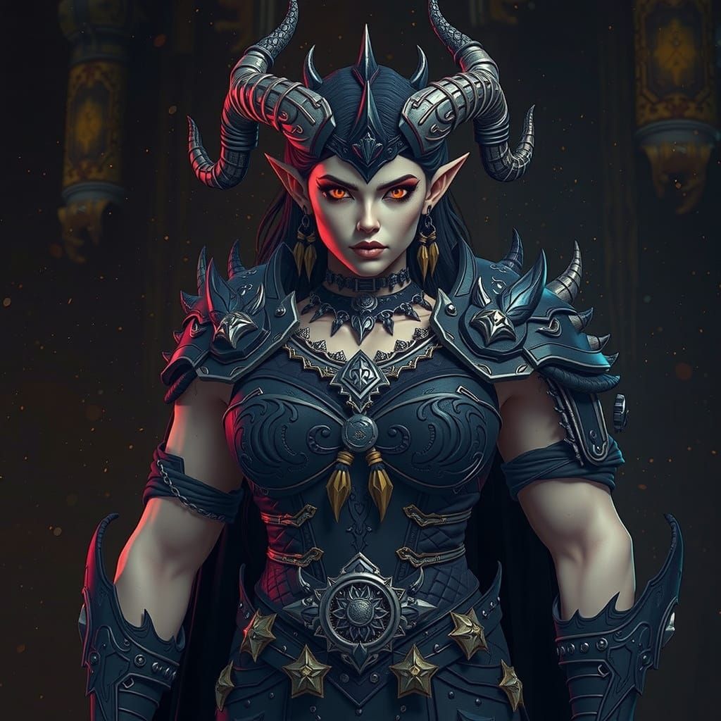 Muscular Drow Woman in Dark Fantasy Armor