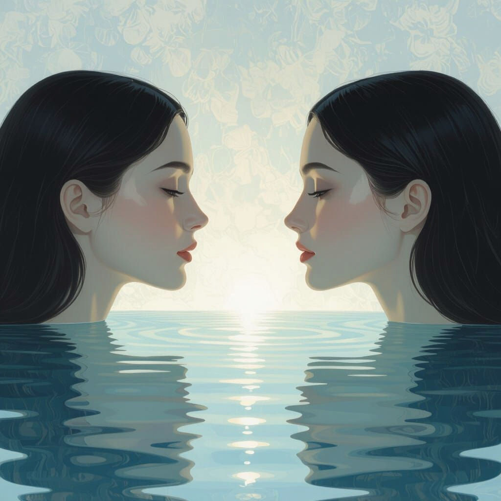 Serene Faces in Mirrored Reflection, Ethereal Digital Painti...