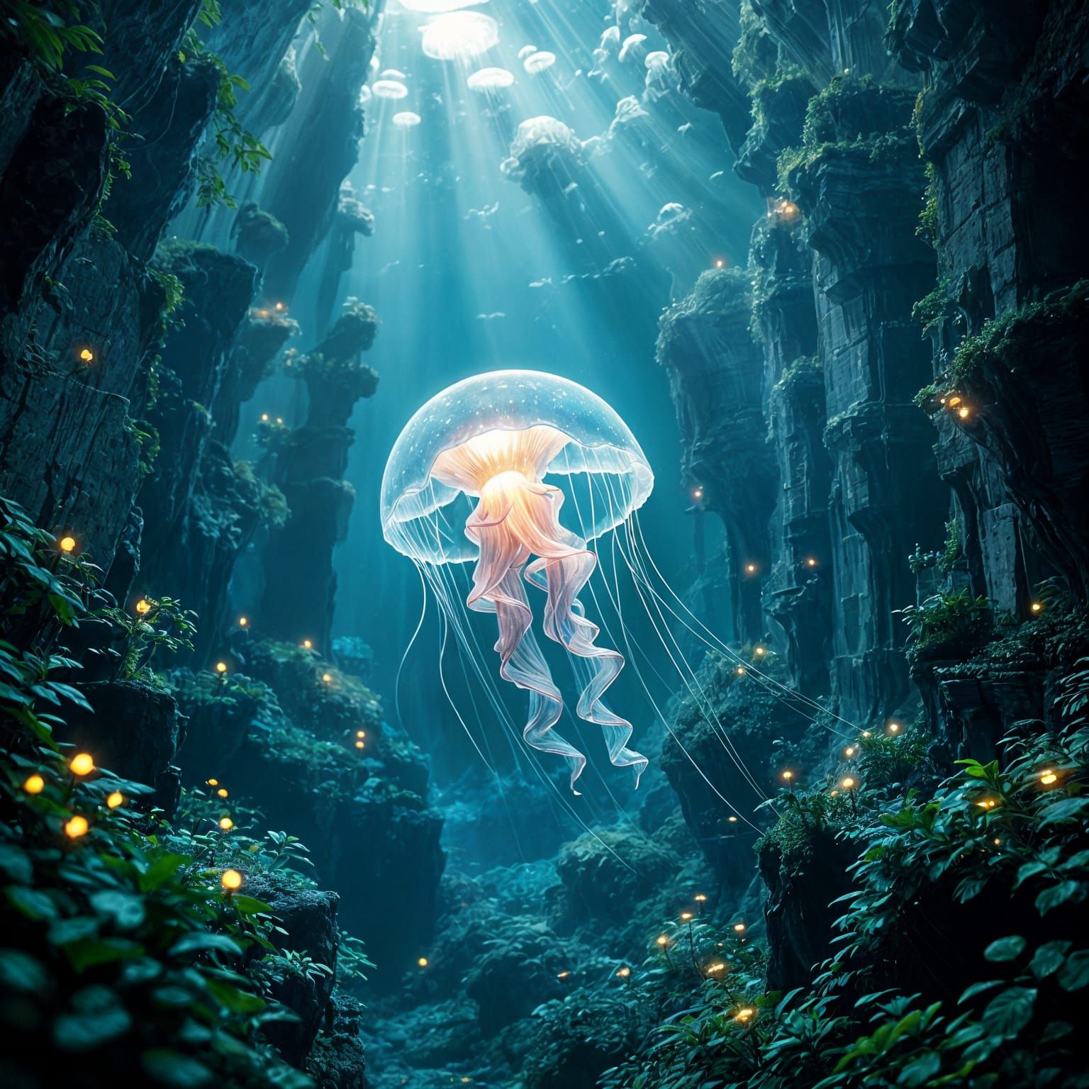 Bioluminescent Jellyfish in Ruined City, Cinematic Still