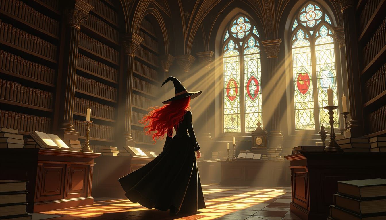 Crimson-Haired Witch in Sunlit Ancient Library