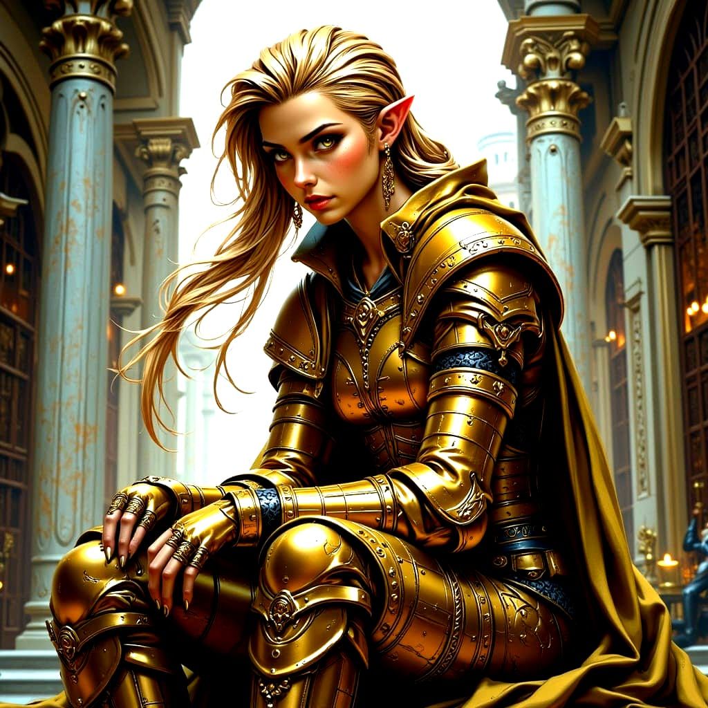 Golden Elf Paladin in Dark Fantasy Armor