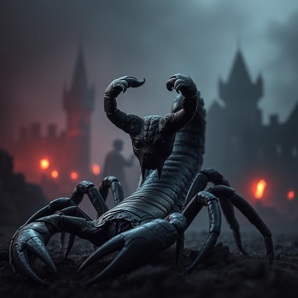 Scorpion Woman in Dark Mystical Landscape