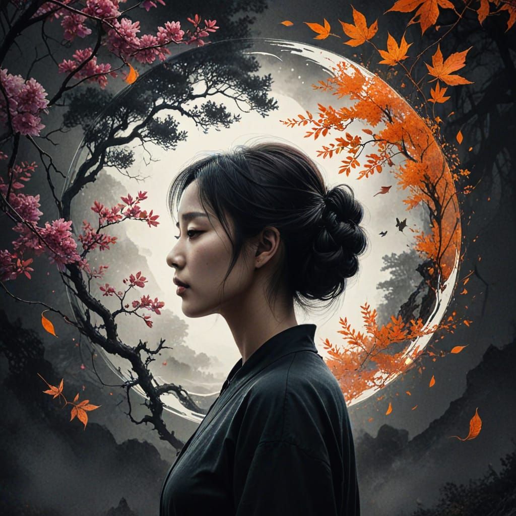 Surreal Double Exposure: Woman Merges With Autumn Garden