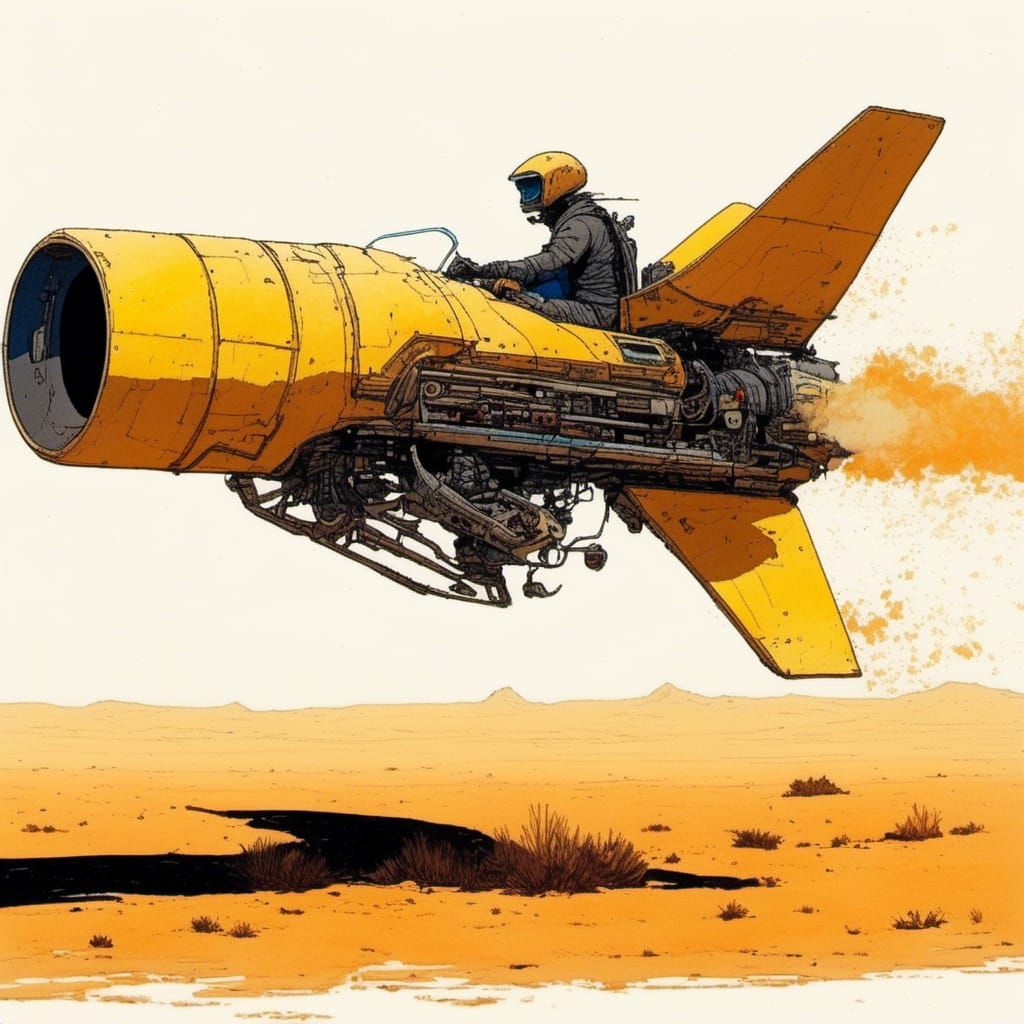 Futuristic Hoverbike in Desert, Moebius Style