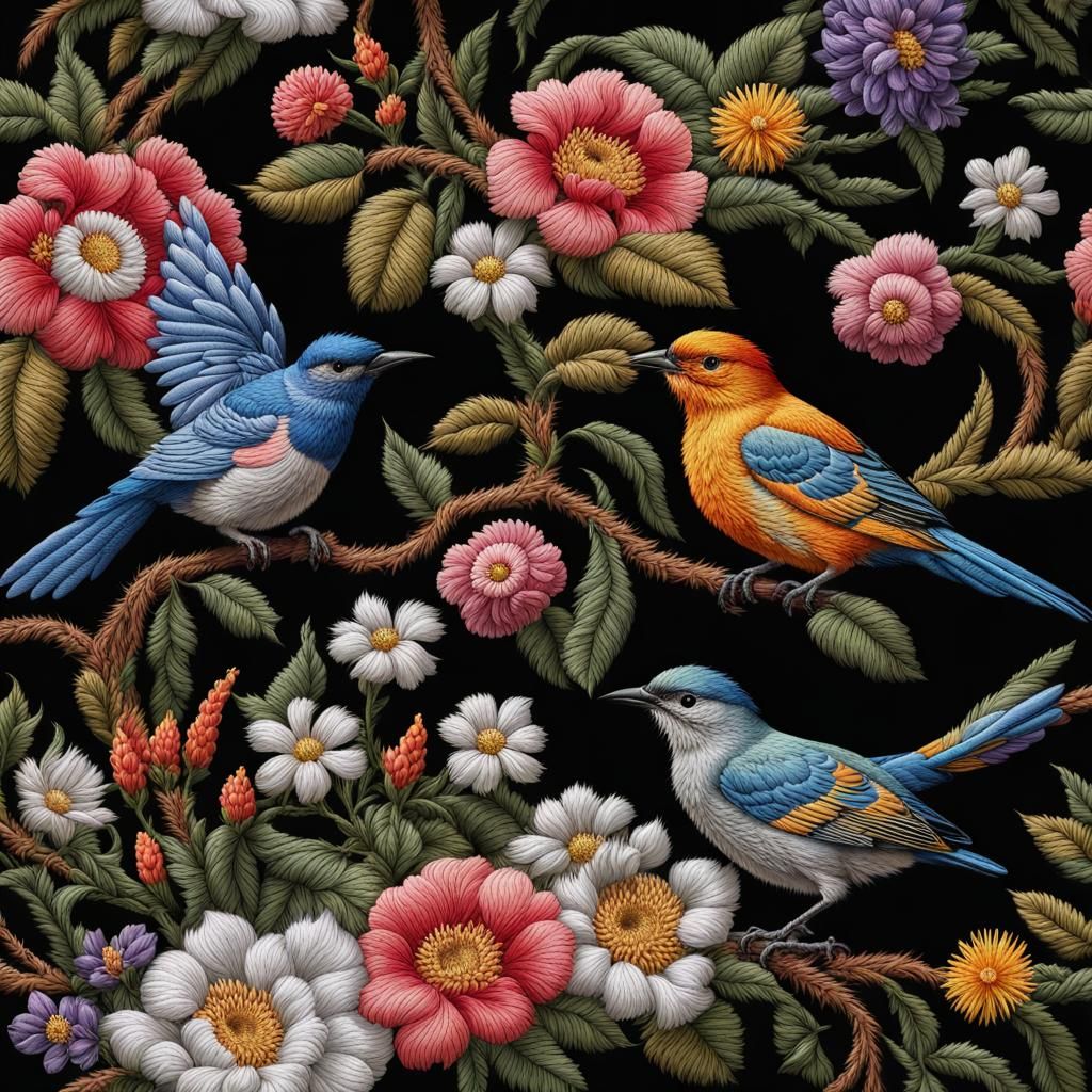 Victorian Embroidery Pattern with Birds and Flowers