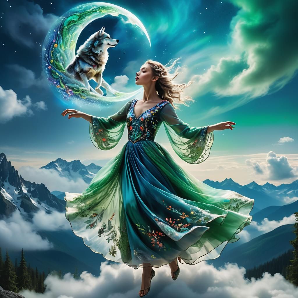 Ethereal Dancer with Wolf in a Surreal Landscape