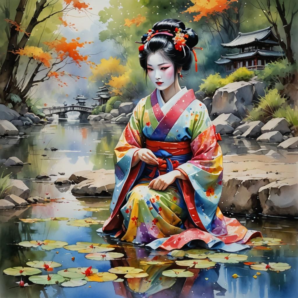 Colorful Geisha on Riverbank in Watercolor Style