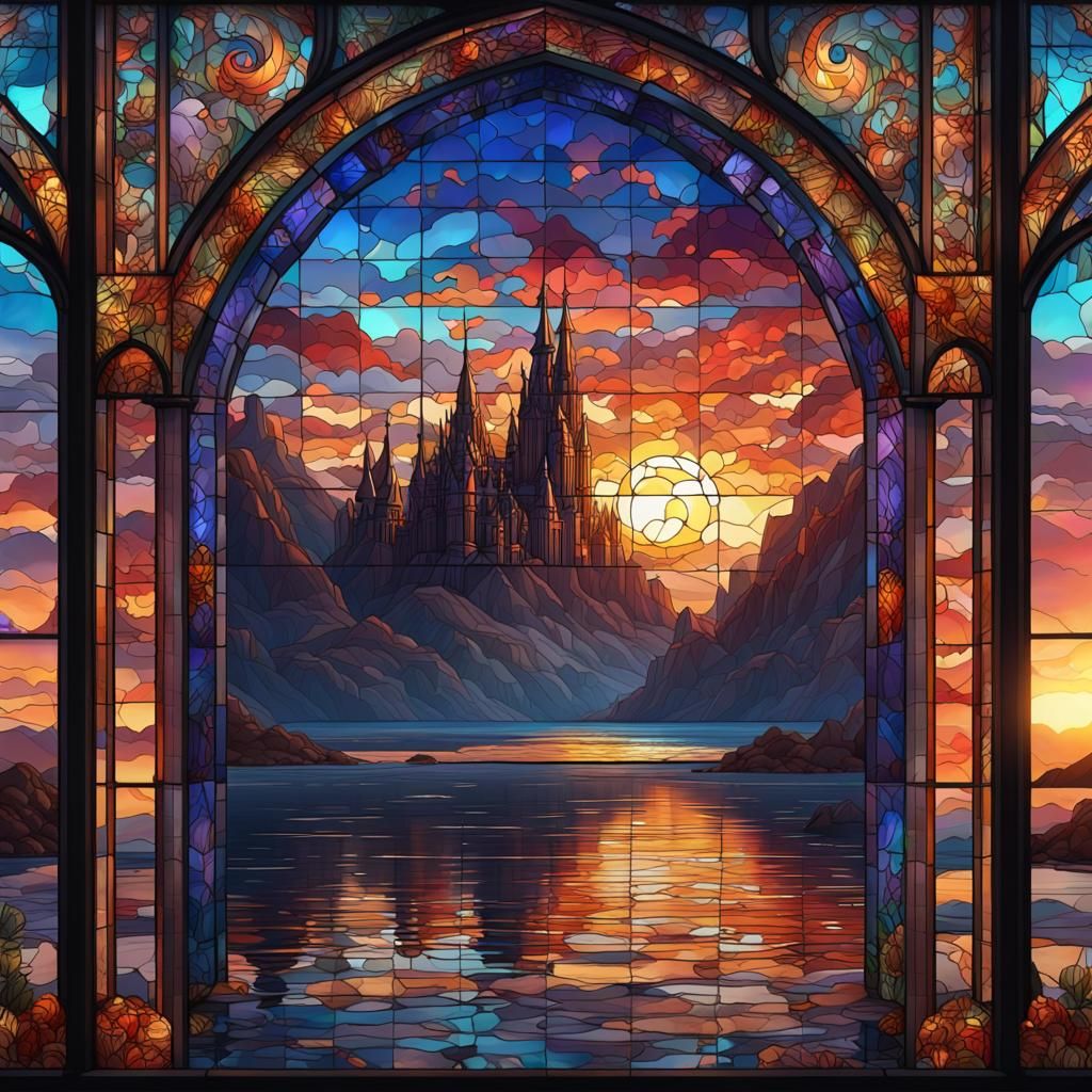 Stained Glass Sunset in Detailed Matte Painting Style
