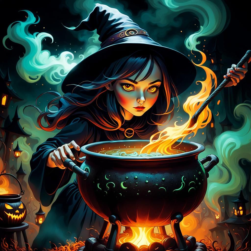 Whimsical Witchcraft Scene in Pop Surrealism