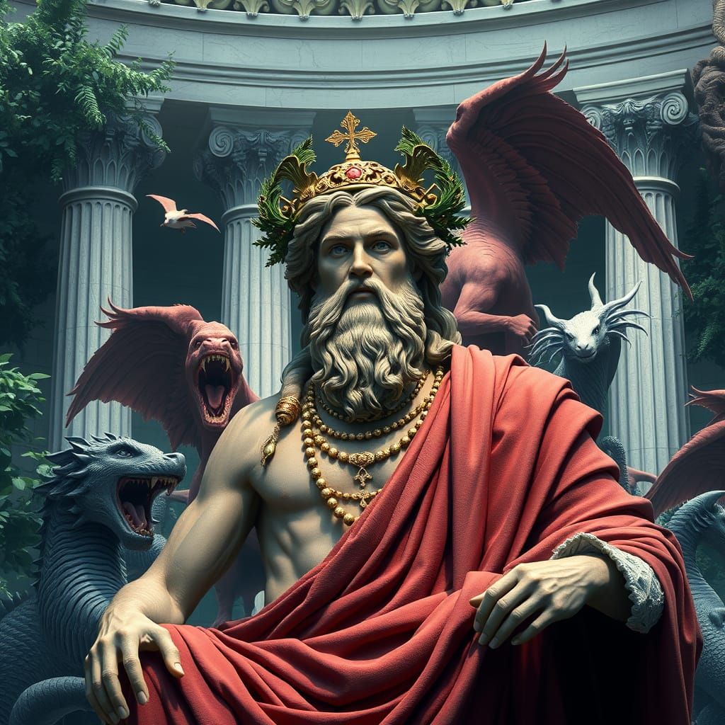 Greek God in Olympus Surrounded by Mythical Creatures