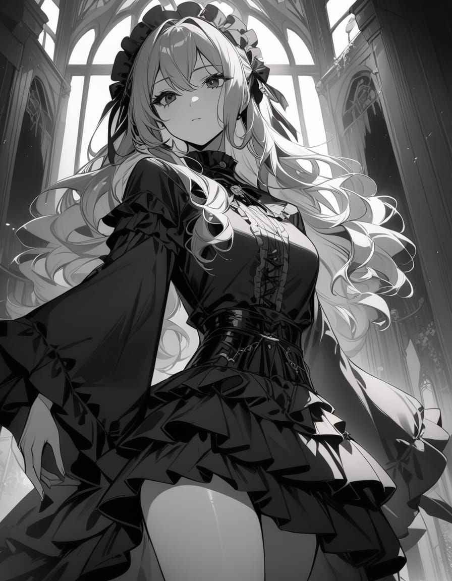 Gothic Cowboy Girl in Monochromatic Line Art