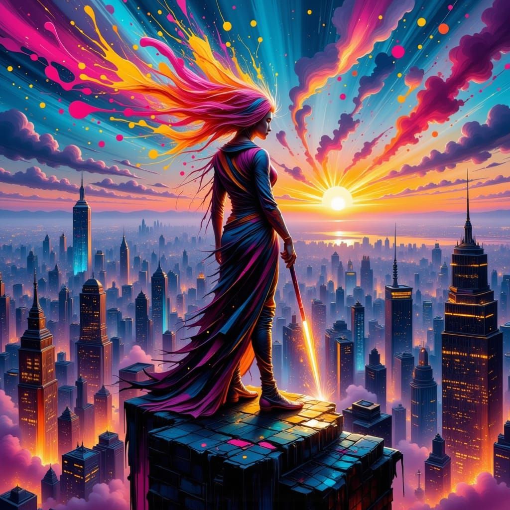 Inkzaria Chromage Overlooks Neon City with Paint Magic