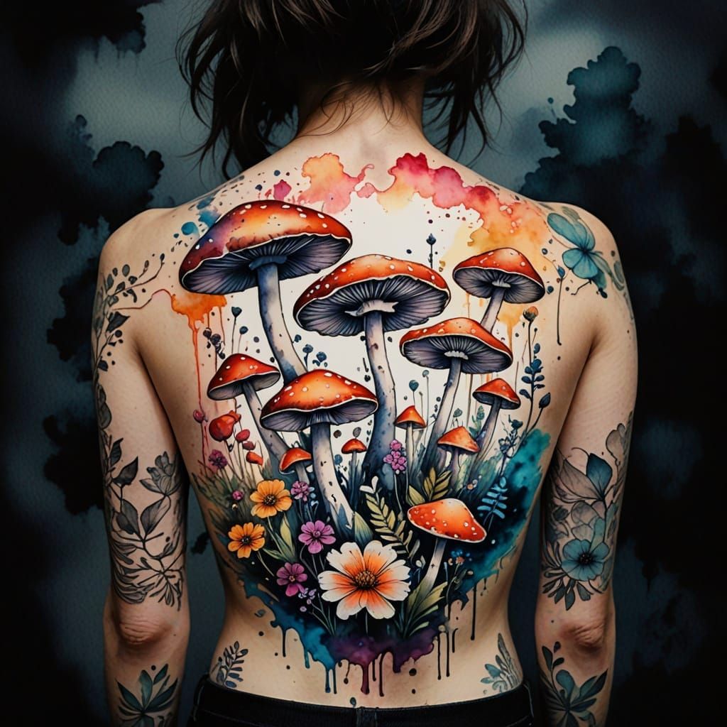Vibrant Twilight Mushroom Tattoo