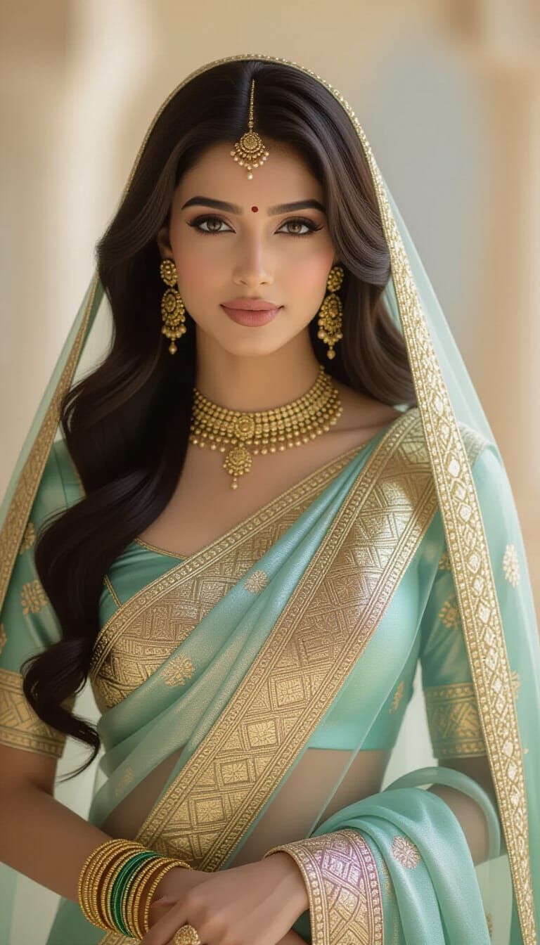 Indian Beauty in Gold Saree, Cinematic Film Still