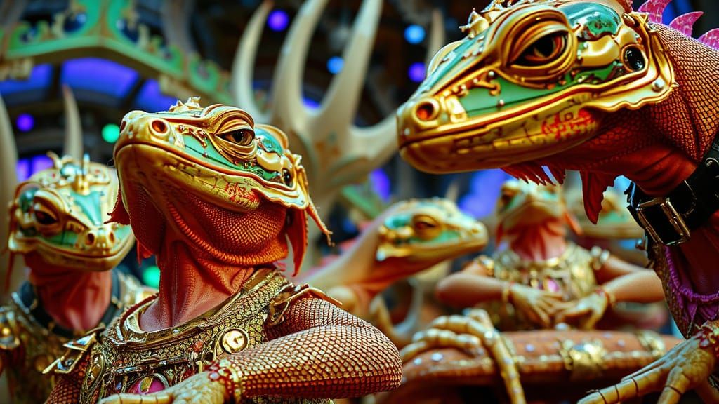 Cybernetic Lizard People in Rococo Cityscape