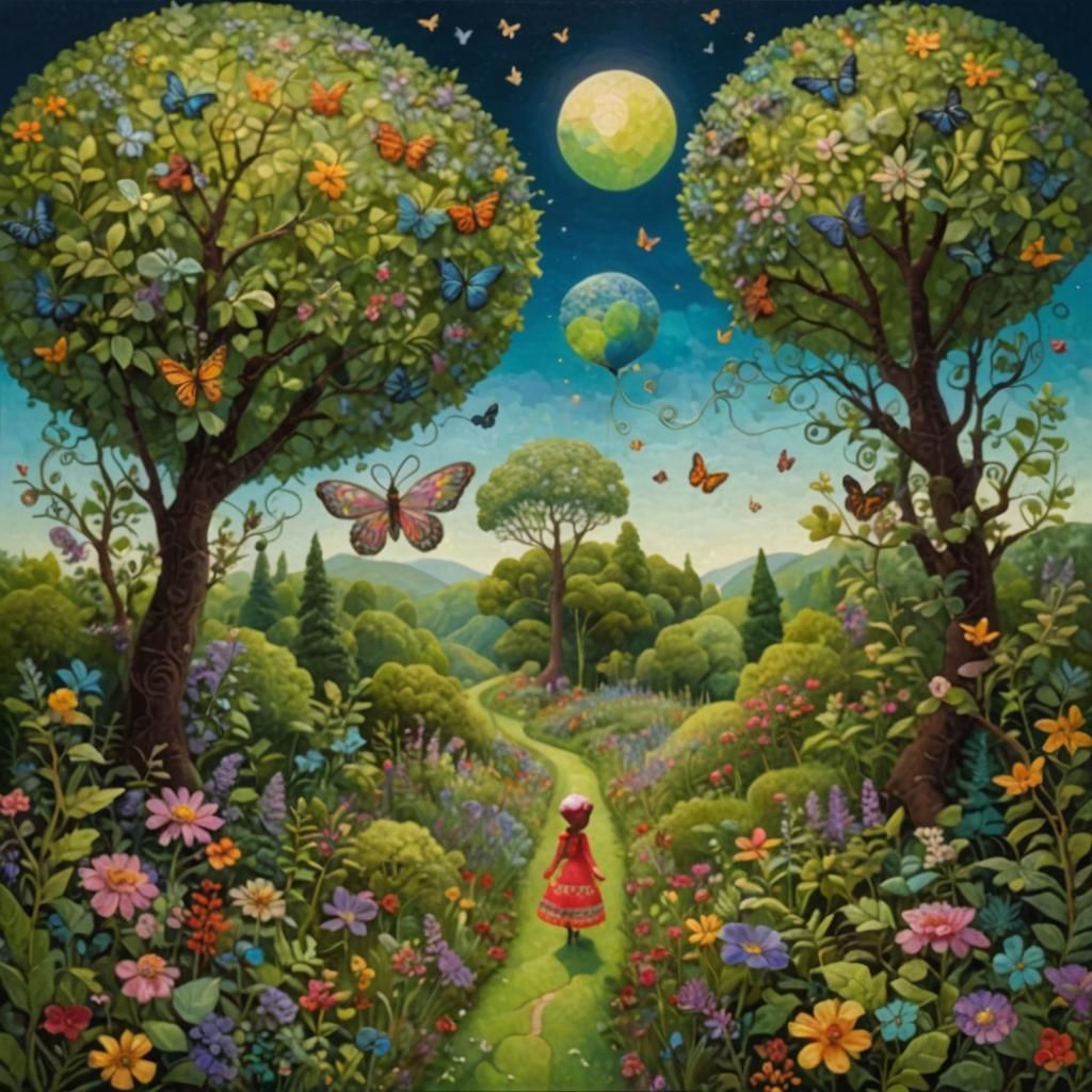 Patchwork Doll in Alien Landscape, Naive Art Style