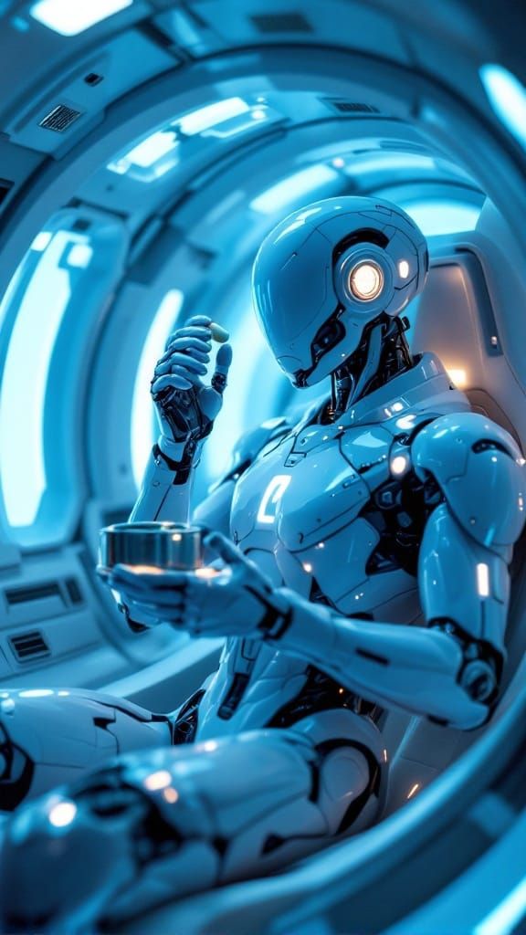 Humanoid Figure in Futuristic Cryo-Pod Consuming Nutrient Ca...