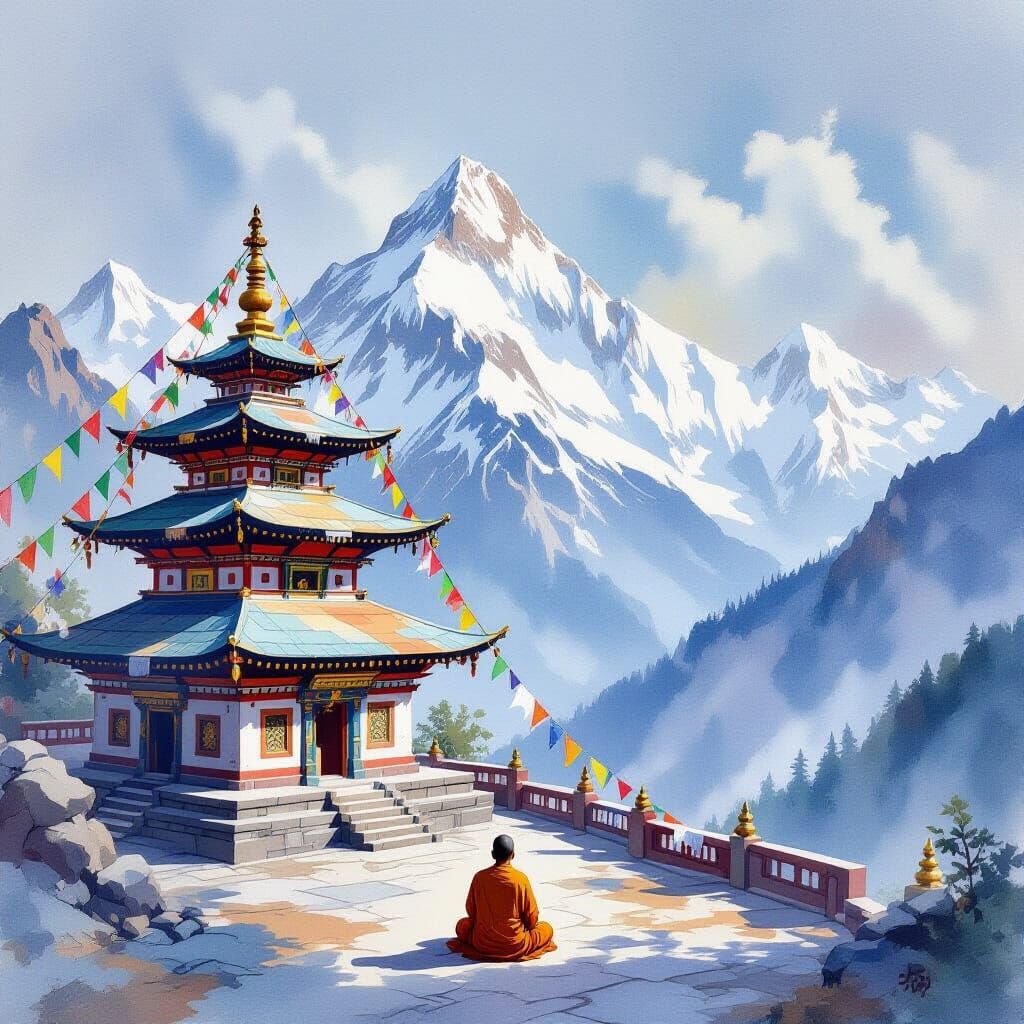 Serene Himalayan Temple Painting with Monk