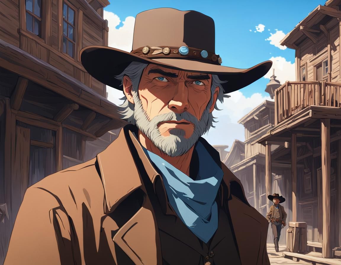 Gunslinger Portrait in Old West Town, Anime Style