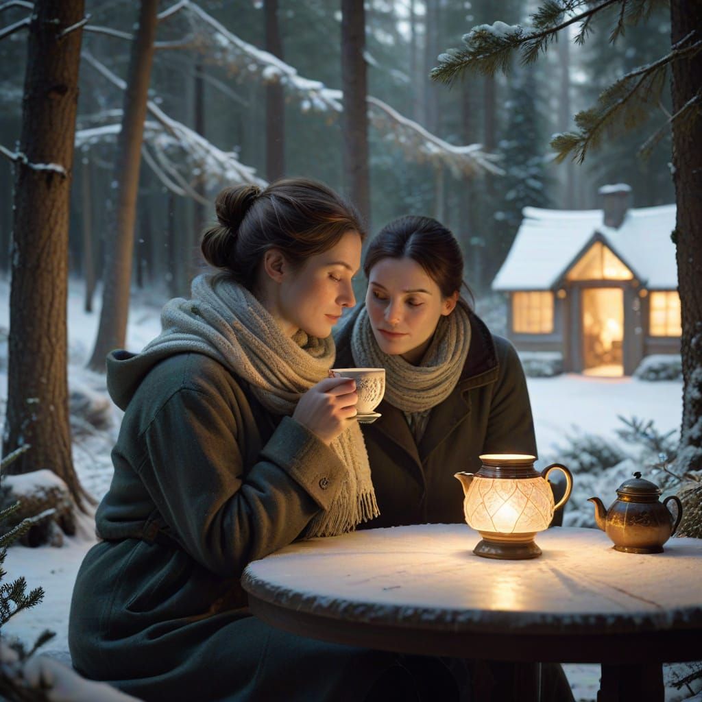 Serene Woman in Snowy Landscape with Lantern-Lit Tent