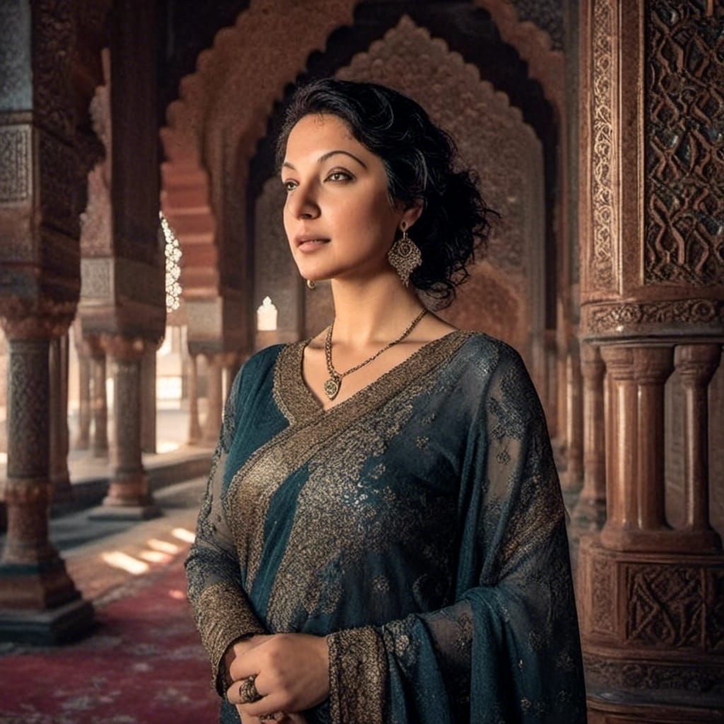 Woman in Sari at Mosque: Hyperrealistic Album Cover