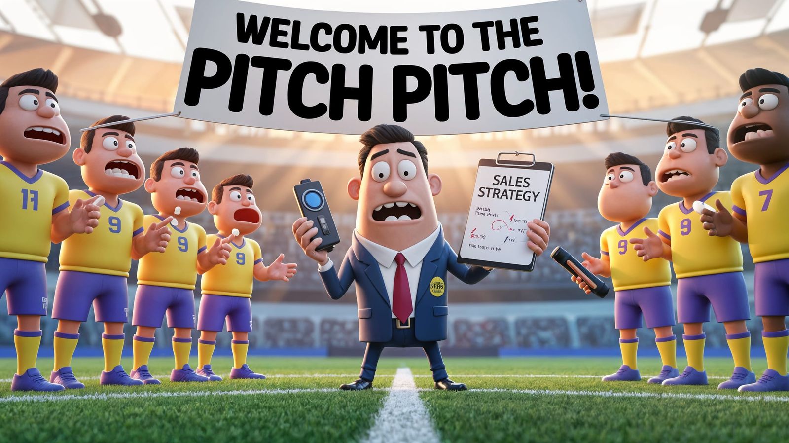 Nervous Businessman Confused by Soccer Team in a Whimsical P...