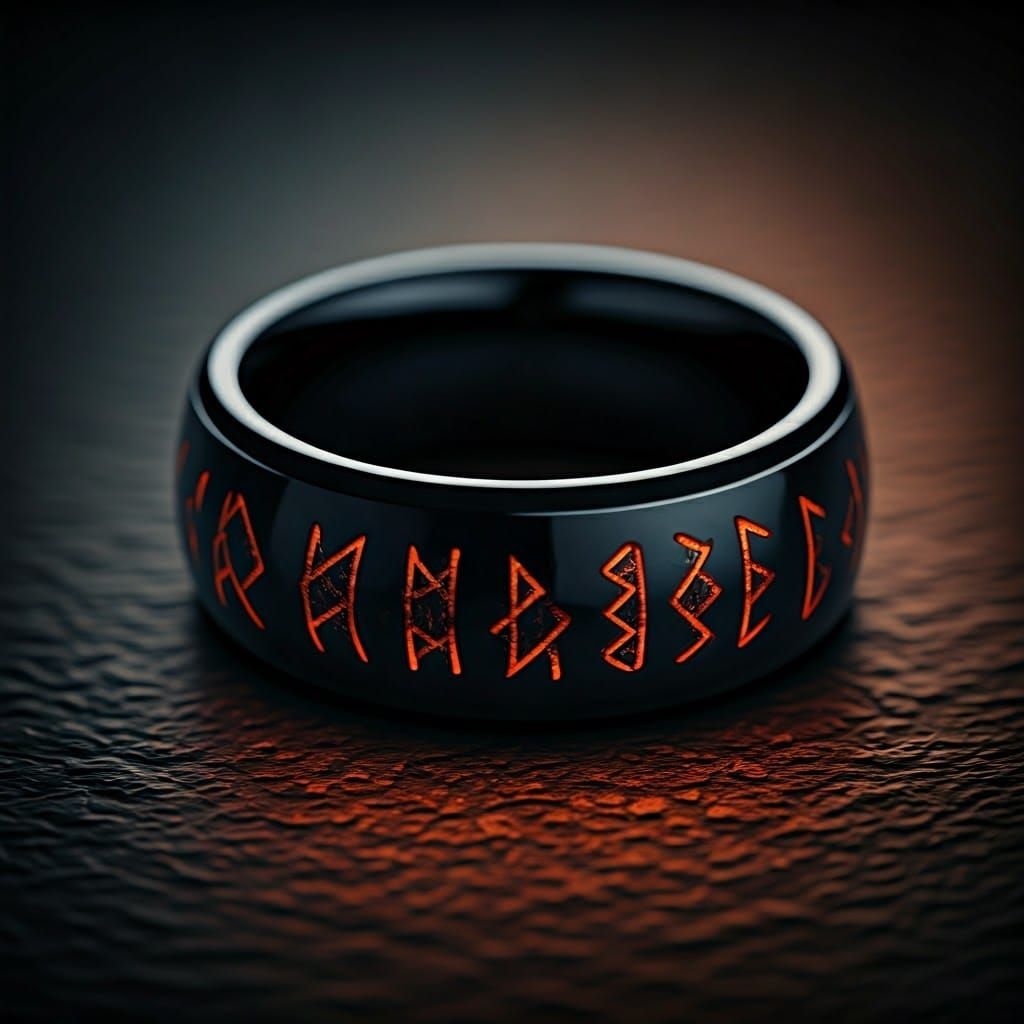 Ornate Black Ring with Fiery Runes in Dreamlike Style