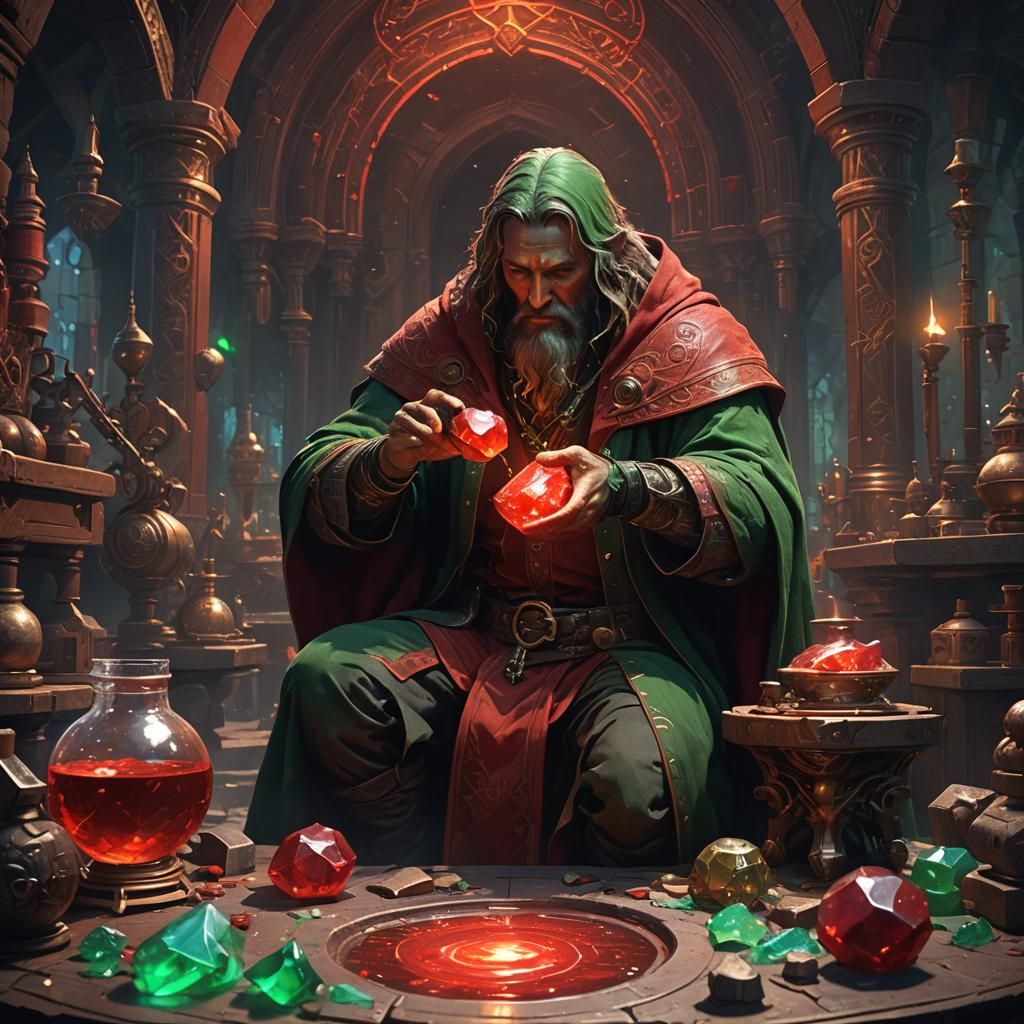 Alchemist Crafts Red Magic Stone in Dark Fantasy Art