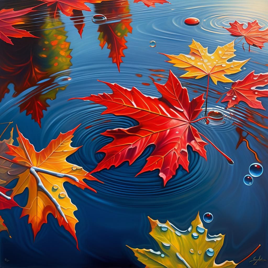 Red Maple Leaf Reflected in Pond, Oil Painting