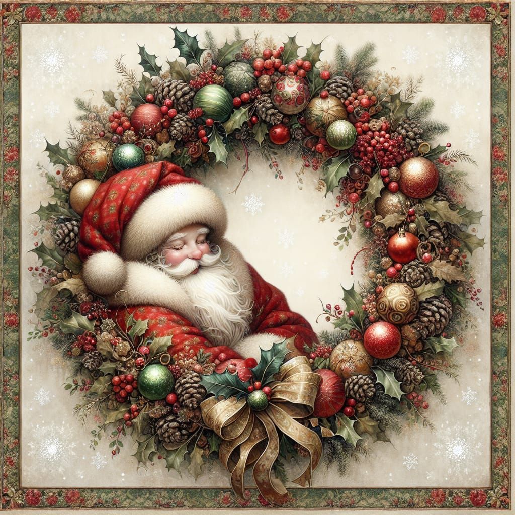 Christmas Wreath with Santa in Oil and Watercolor