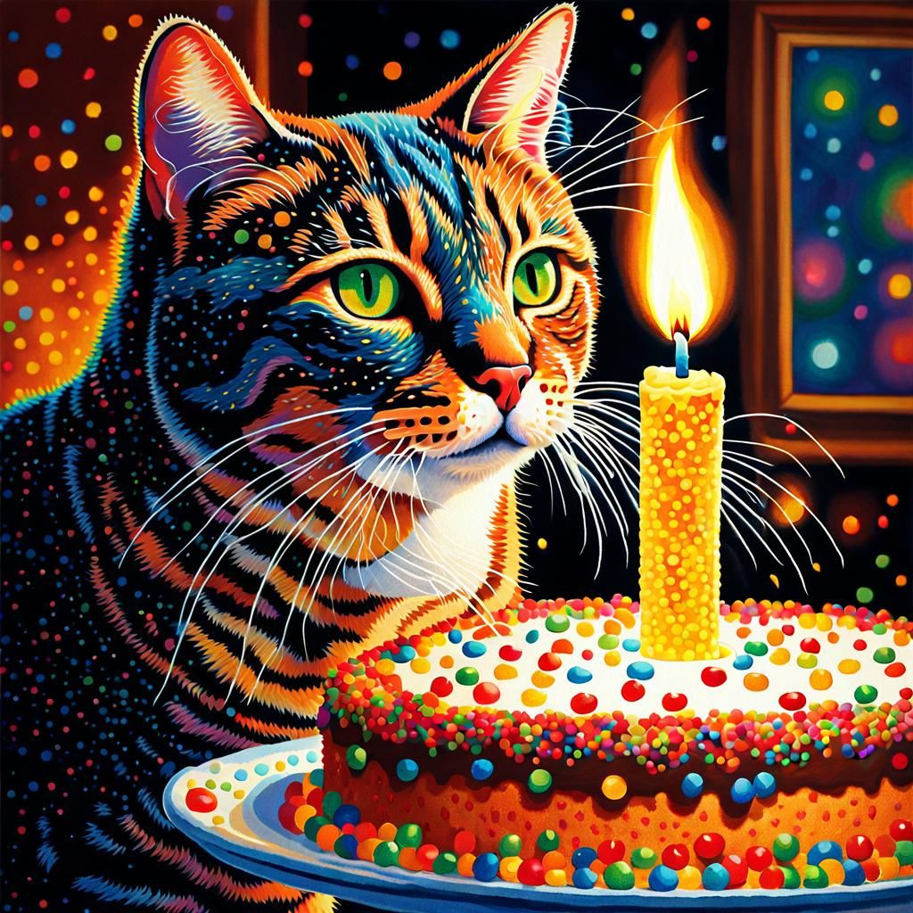 Pointillist Cat Celebrates Birthday with Cake