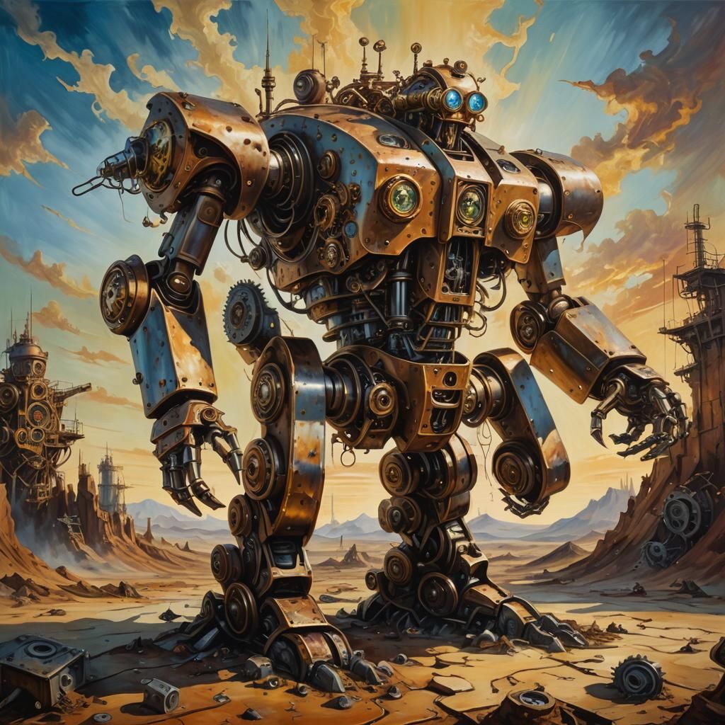Steampunk Robot in Surrealist Melting Dreamscape