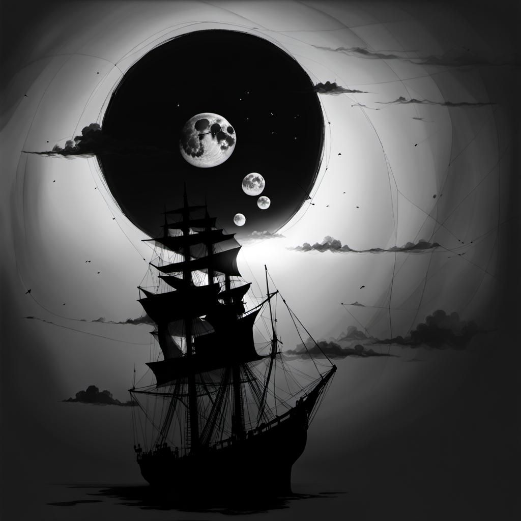 Monochrome Sailing Ship on the Horizon