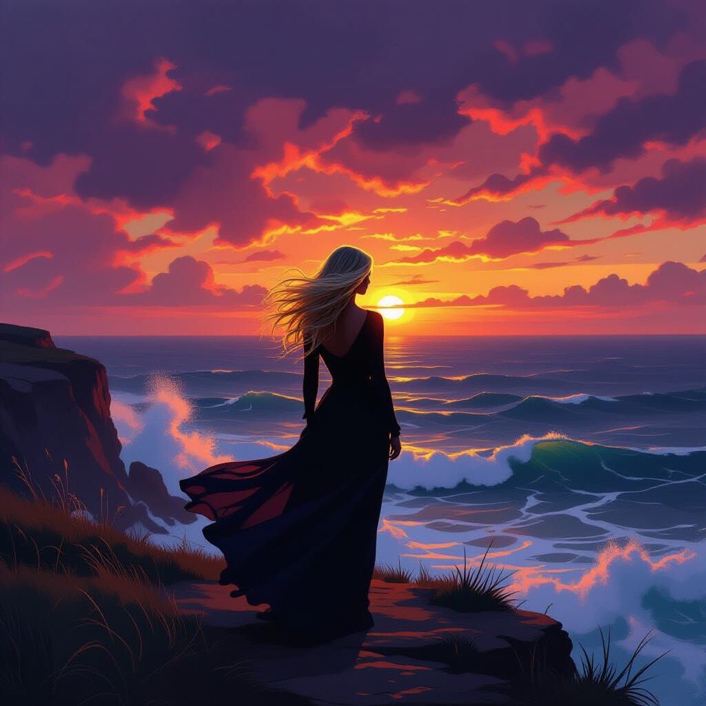 Woman Silhouette on Cliff Overlooking Turbulent Sea at Sunse...