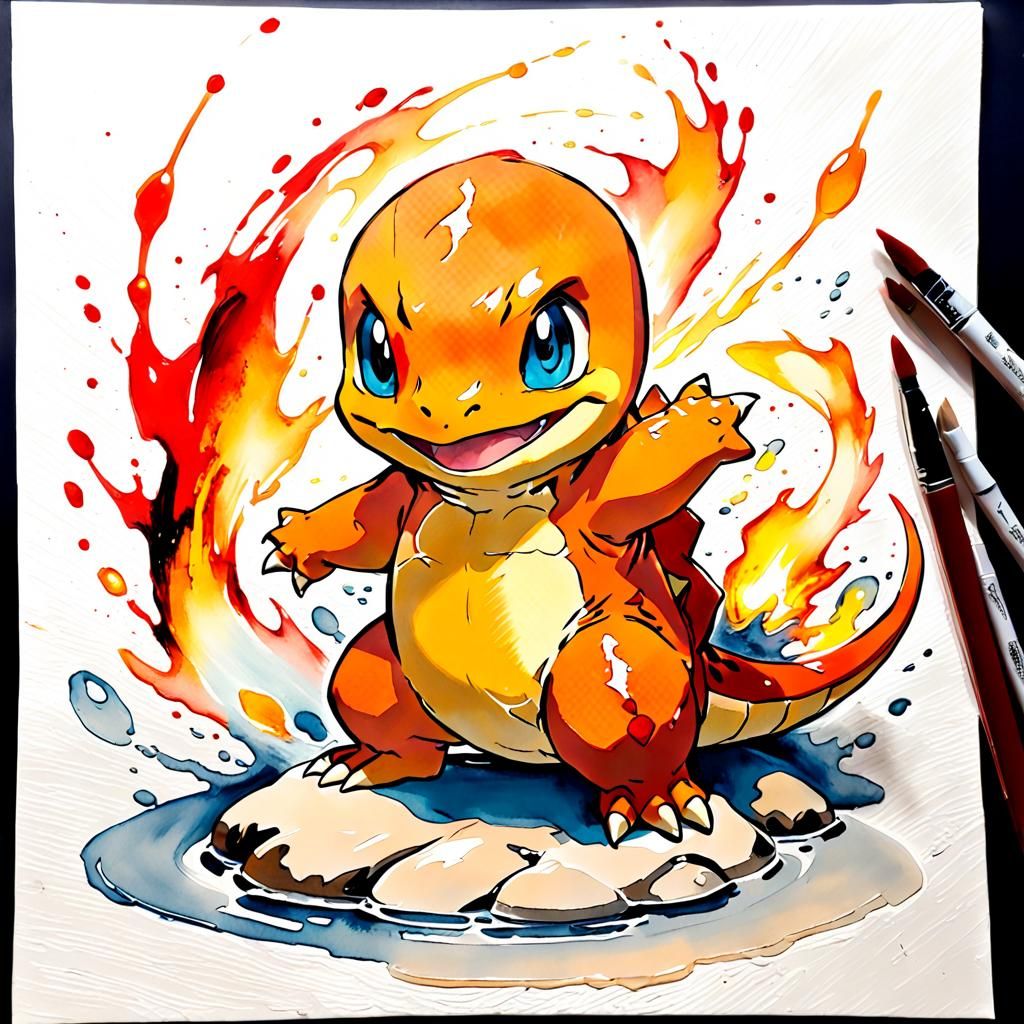 Baby Charmander in Liquid Gouache Style