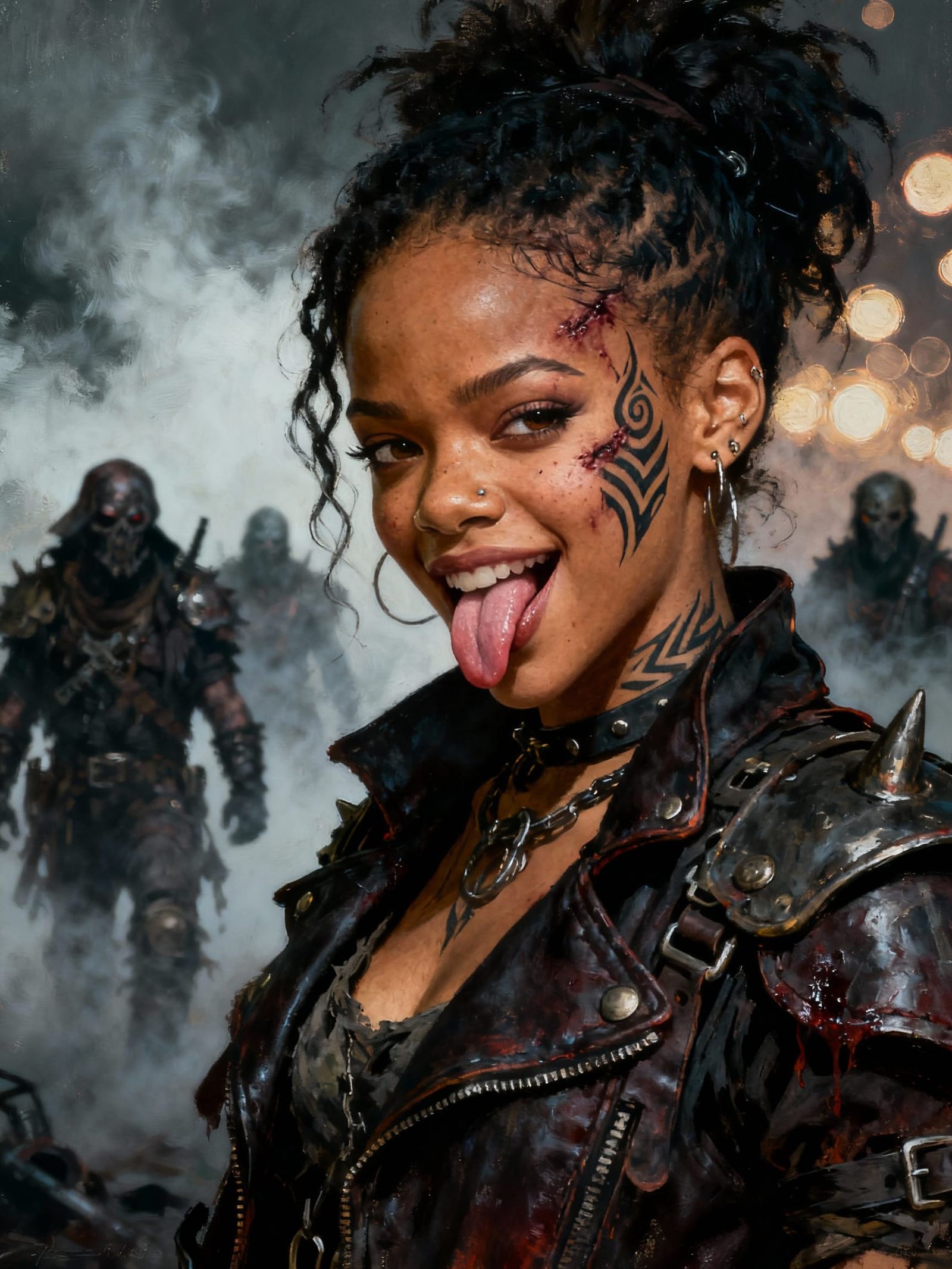 Rihanna as Post-Apocalyptic Raider in Dark Oil Painting Styl...