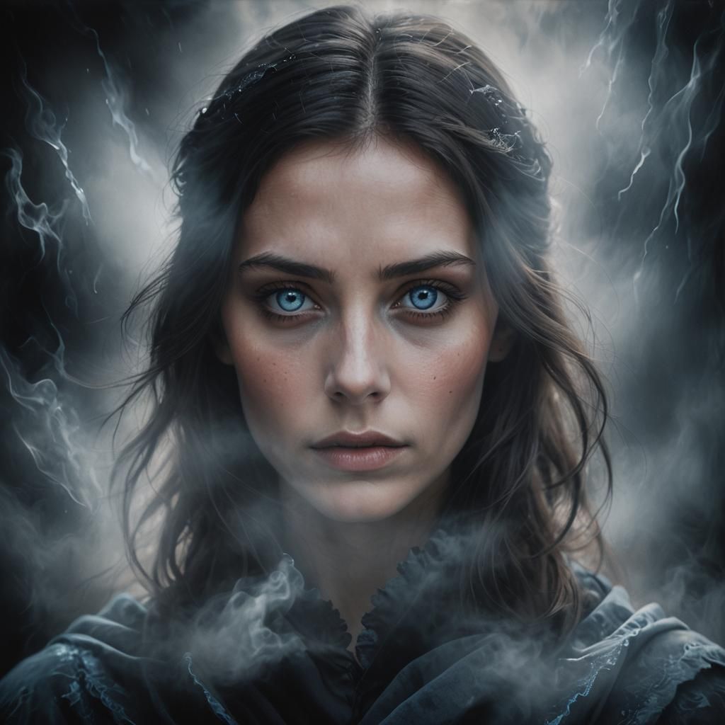 Mysterious Lady with Piercing Blue Eyes: Hyperrealistic Port...