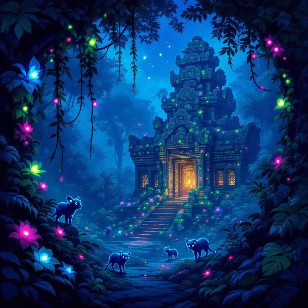 Bioluminescent Jungle Temple at Night