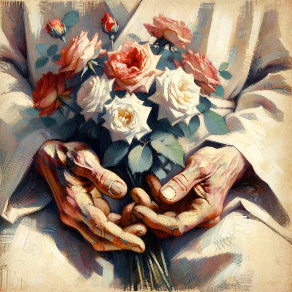 Aged Hands Holding Roses in Impressionist Style