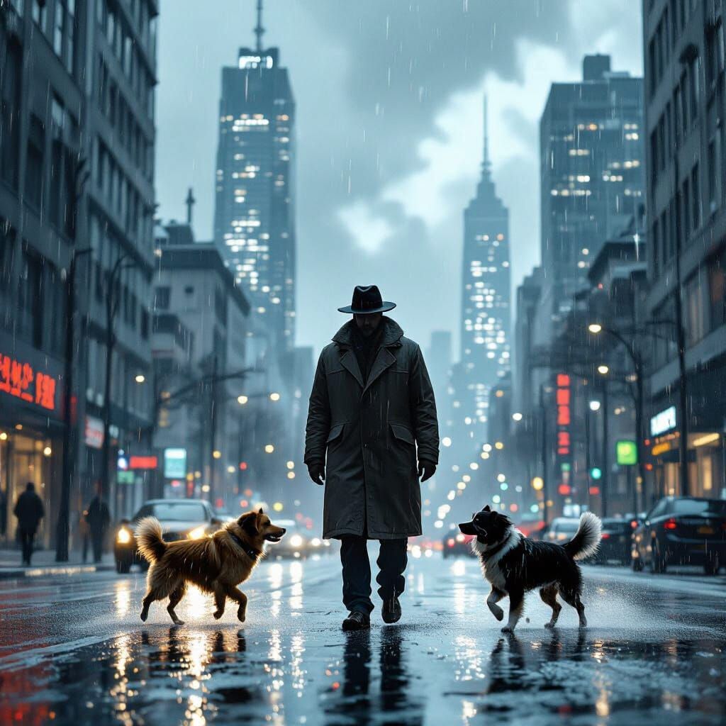 Rainy City Encounter: Man and Dog