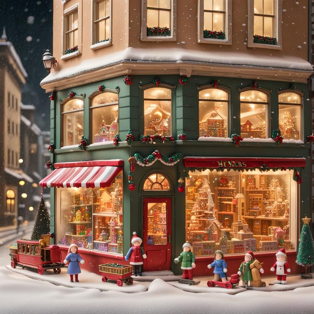 Festive Toy Shop Facade at Night in the Snow