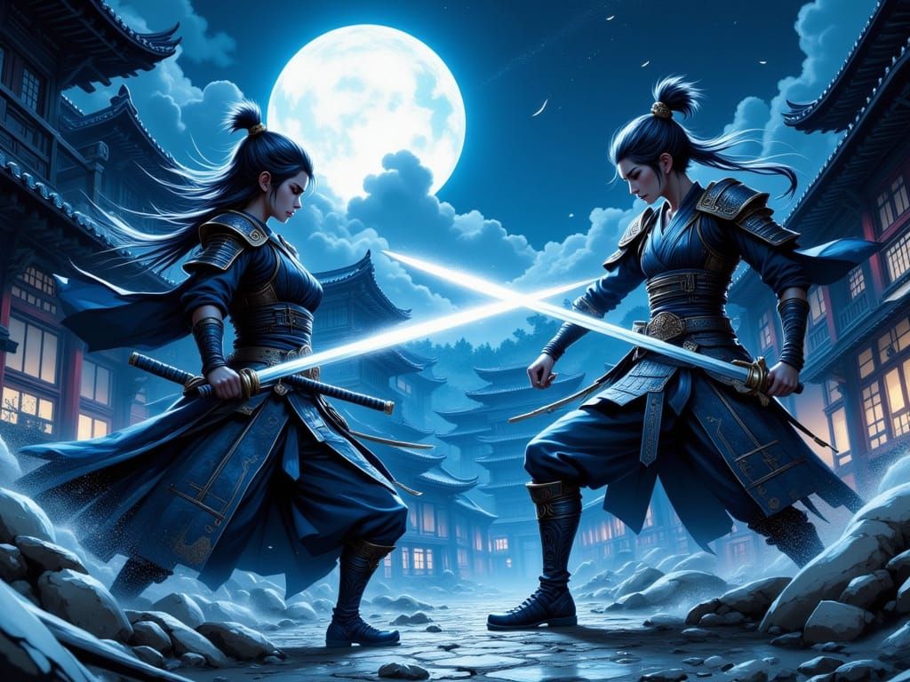 Samurai Women Duel Under Full Moon in Ukiyo-e Style