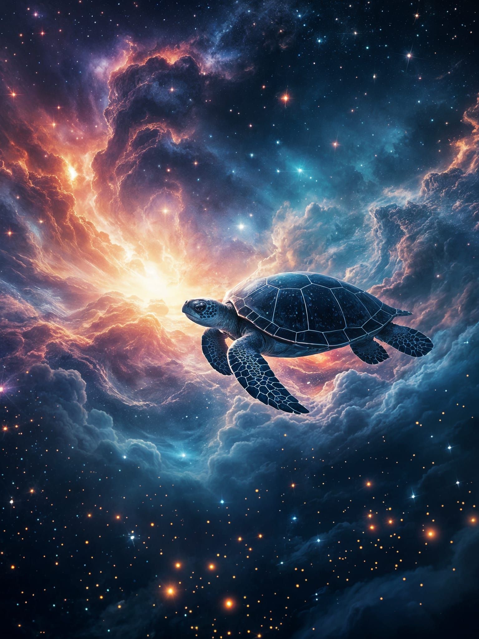 Turtle Drifting Through Starry Void in Ukiyo-e Style