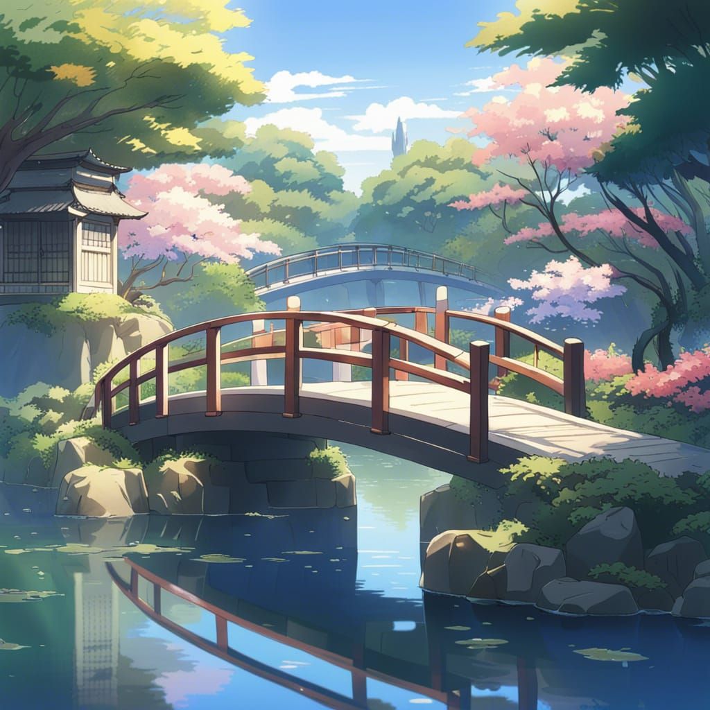 Tranquil Asian Garden in Anime Style