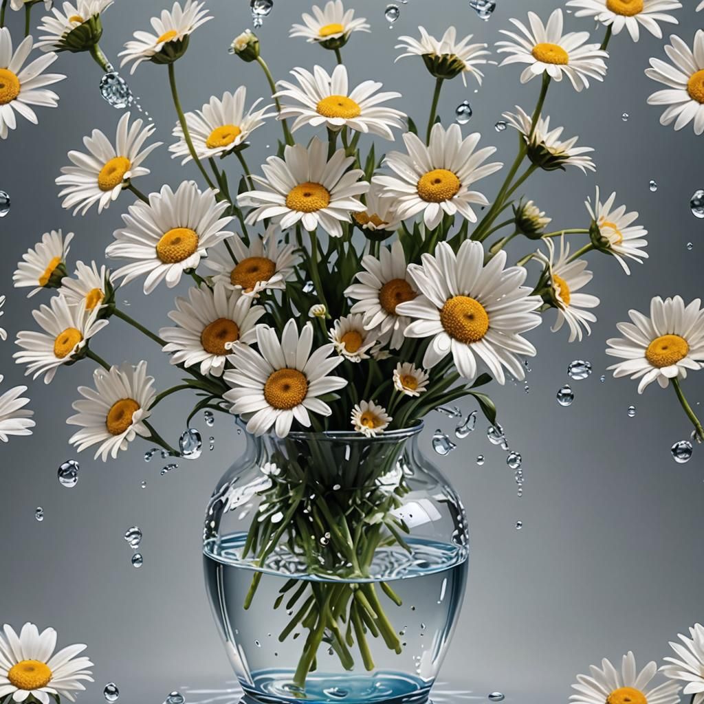 Hyperrealistic Daisies Floating in Vase Oil Painting