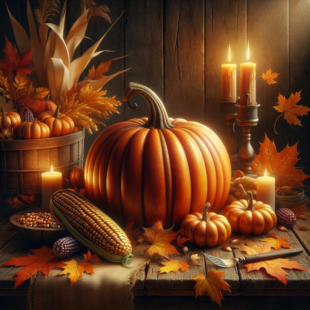 Realistic Thanksgiving Pumpkin Still Life in Autumn Colors