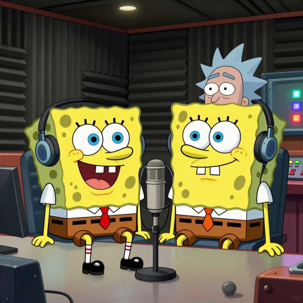 SpongeBob and Rick Sanchez in Voice Booth, Cartoon Style